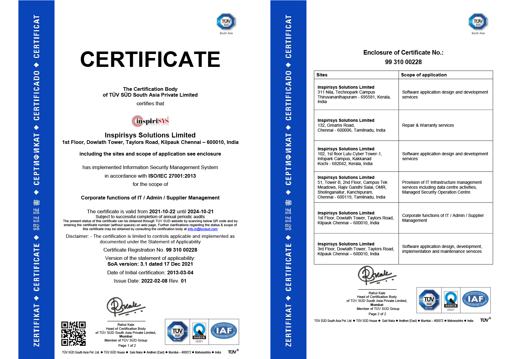 ISO / IEC 27001:2013 certificate