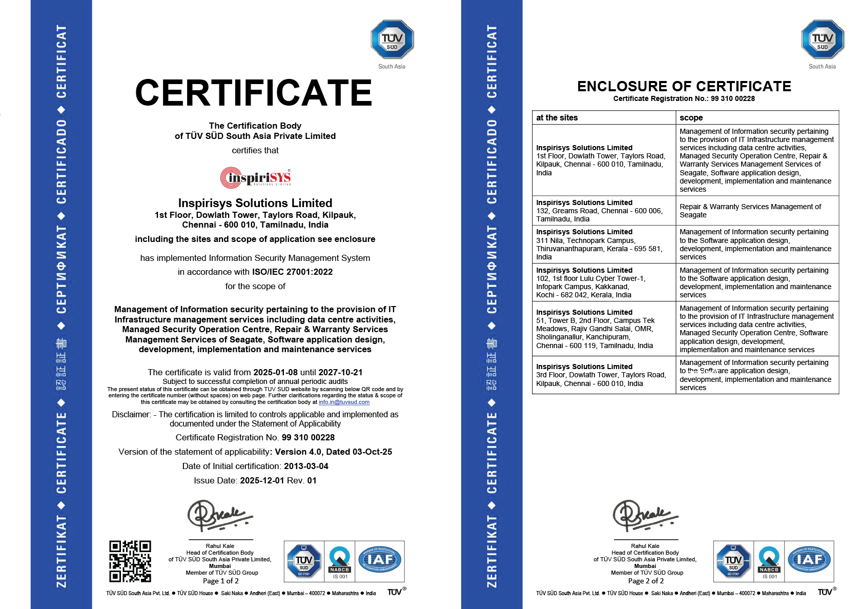 ISO / IEC 27001:2022 certificate